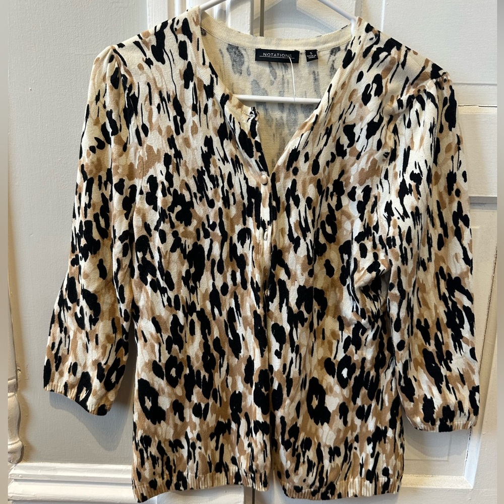 Notations Beige and Black Animal-Print Button Cardigan